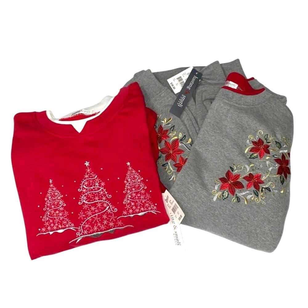 Vintage Christmas Sweater Tree Poinsettia 2 Sweater Tops Size 2XL Hastings Smith